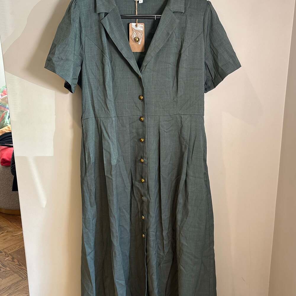 RIHOAS Green V-Neck Pleated Button Front Midi Dress size XL - Picture 4 of 5
